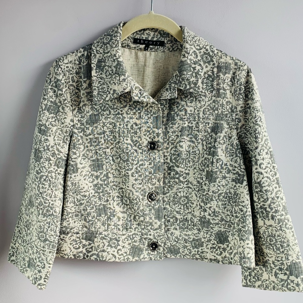 Theory Jacket Sage Grey Cream Twill Button Front Cropped Paisley Geometric Small